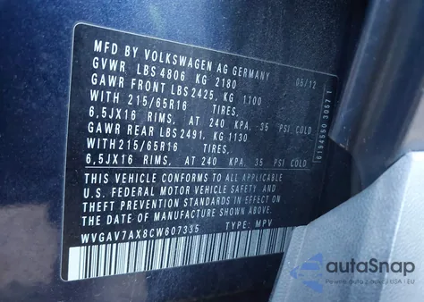 2012 Volkswagen Tiguan S from USA, damaged, VIN WVGAV7AX8CW607335